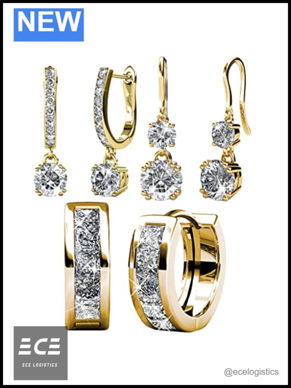18k Yellow Gold Hoop Earrings with Crystals Bundle 3 Pairs